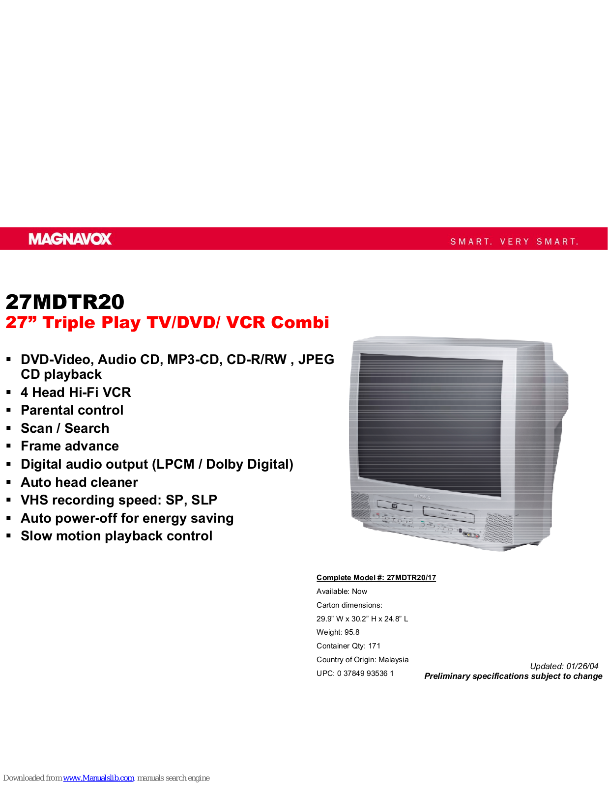 Magnavox 27MDTR20, 27MDTR20/99, 27MDTR20/17 Specifications