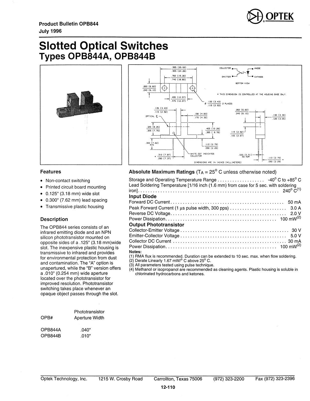 OPTEK OPB844B, OPB844A Datasheet