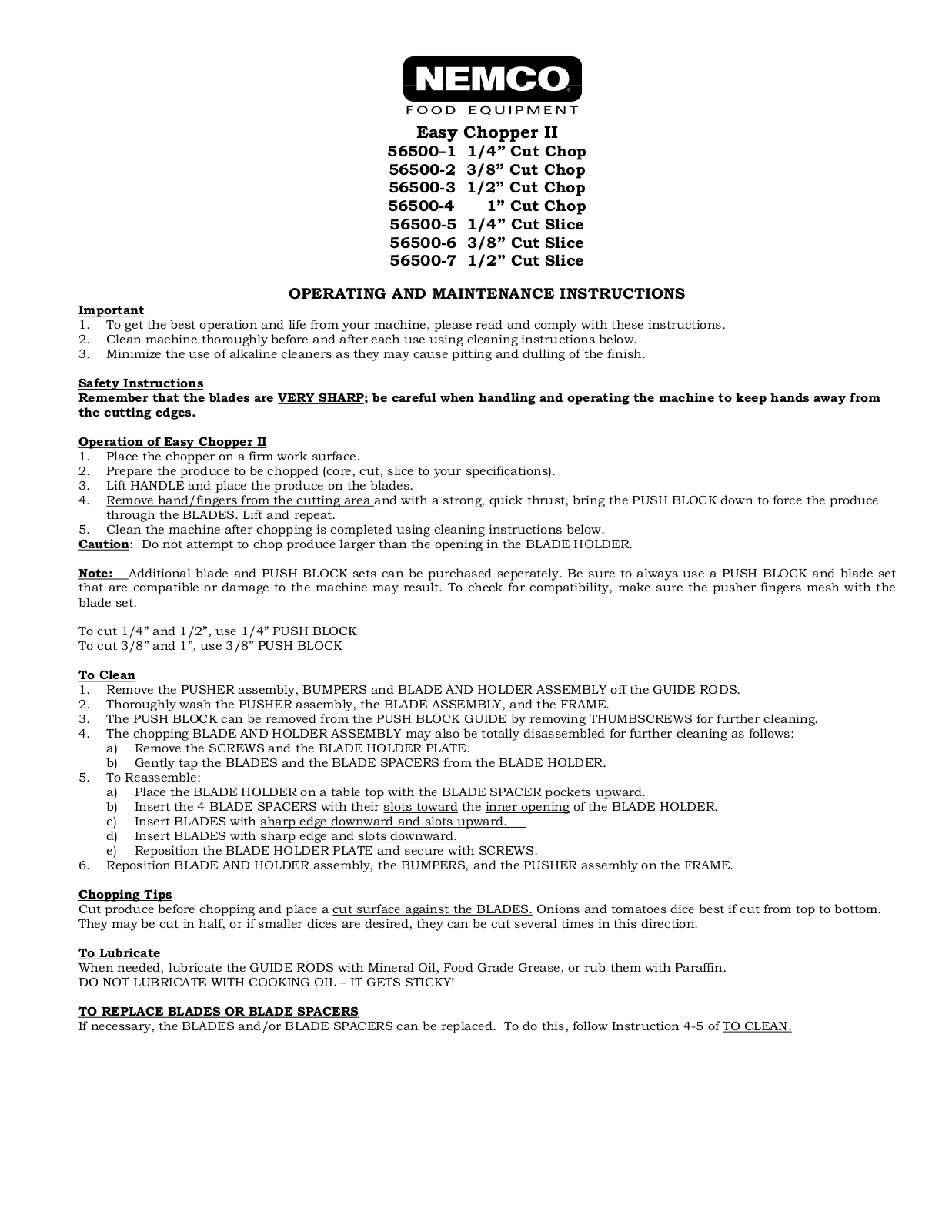 Nemco 56500-1 Parts List