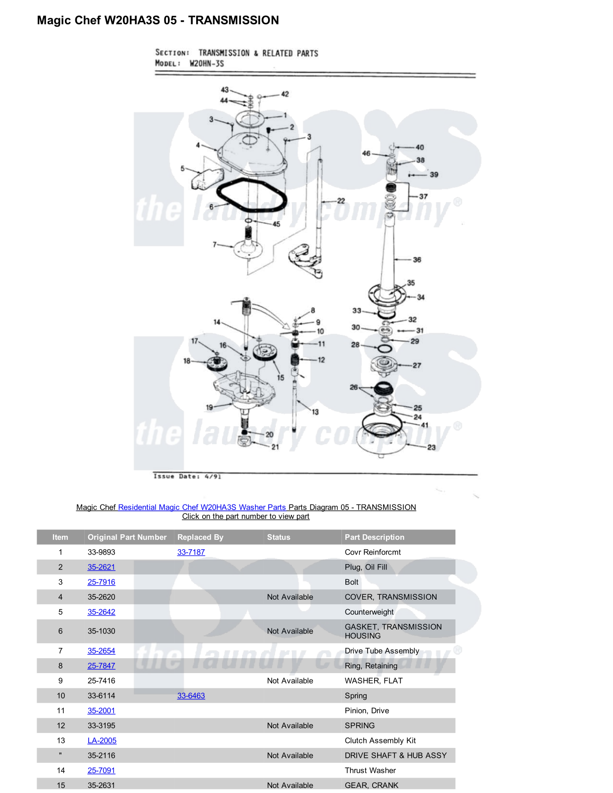 Magic Chef W20HA3S Parts Diagram