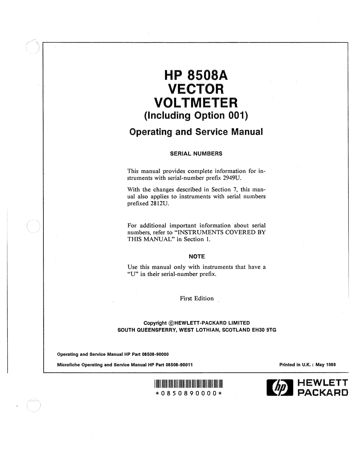 HP (Hewlett-Packard) 8508A User Manual