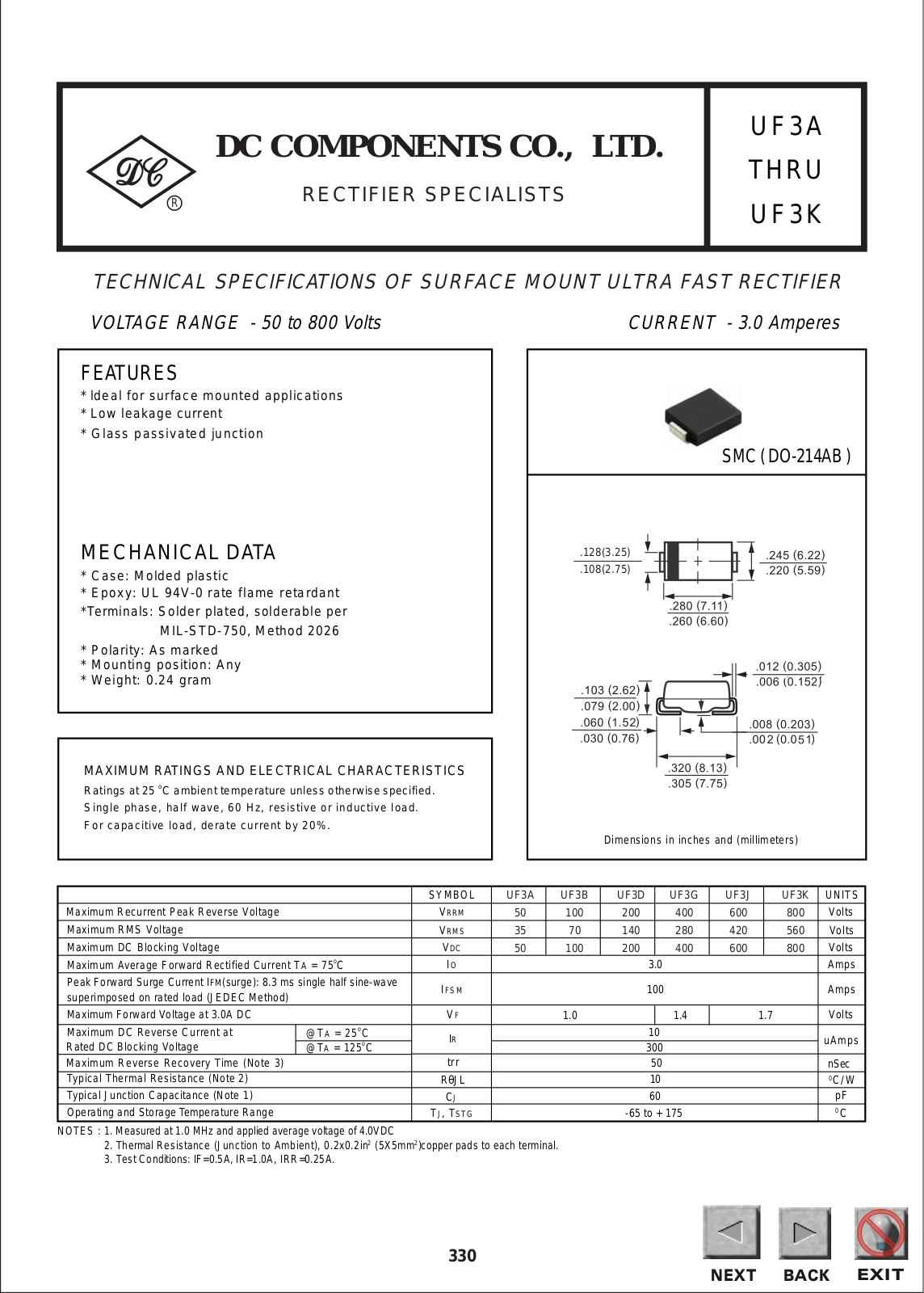 DC COMPONENTS CO UF3G, UF3K, UF3J, UF3D, UF3B Datasheet