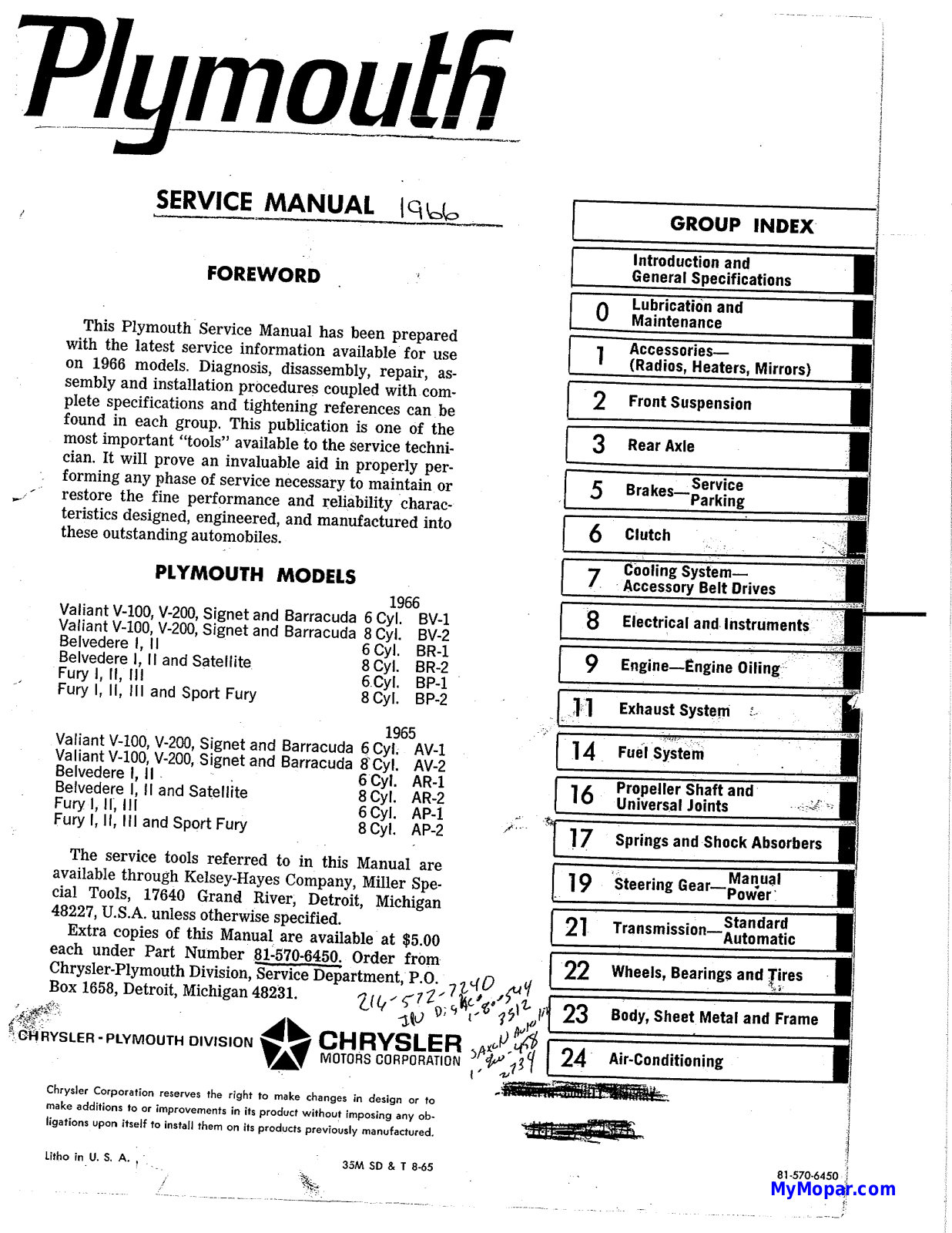 CRYSLER BV-1, BV-2, AV-1, AV-2 Service Manual