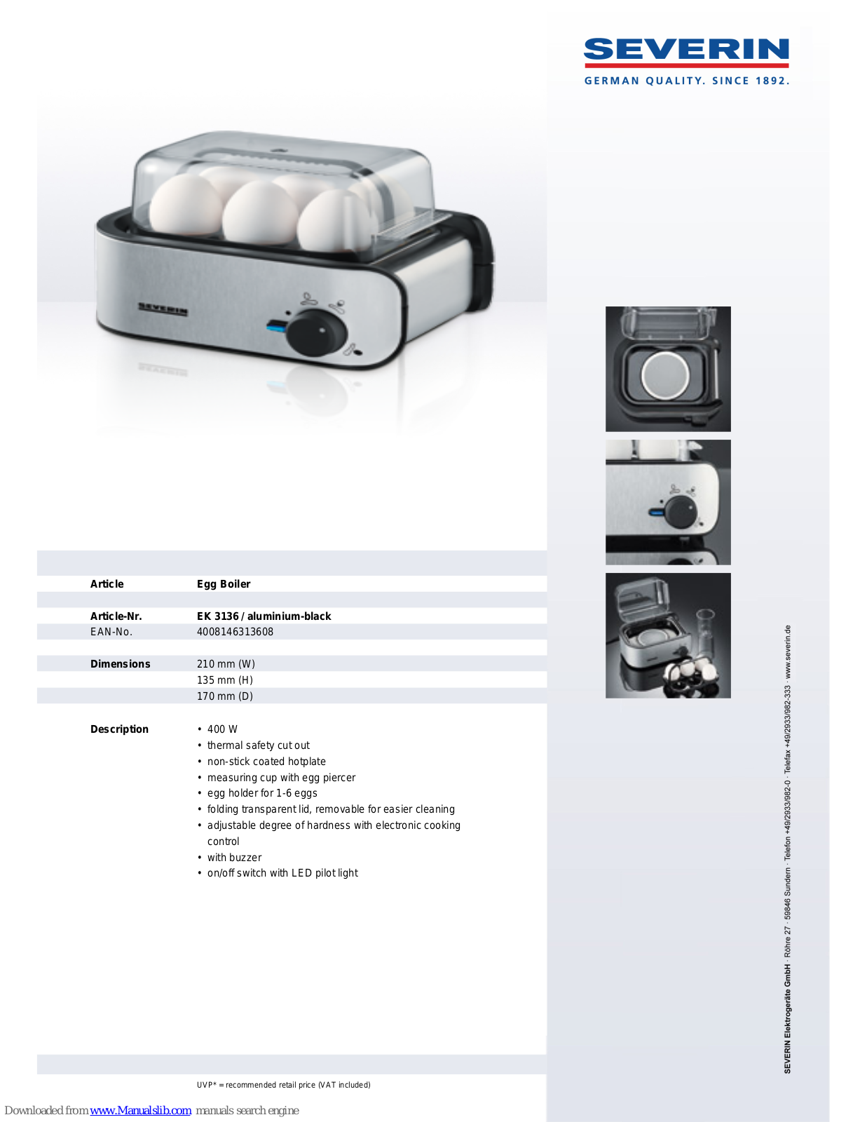 SEVERIN EK 3136,EK 3136 Dimensions