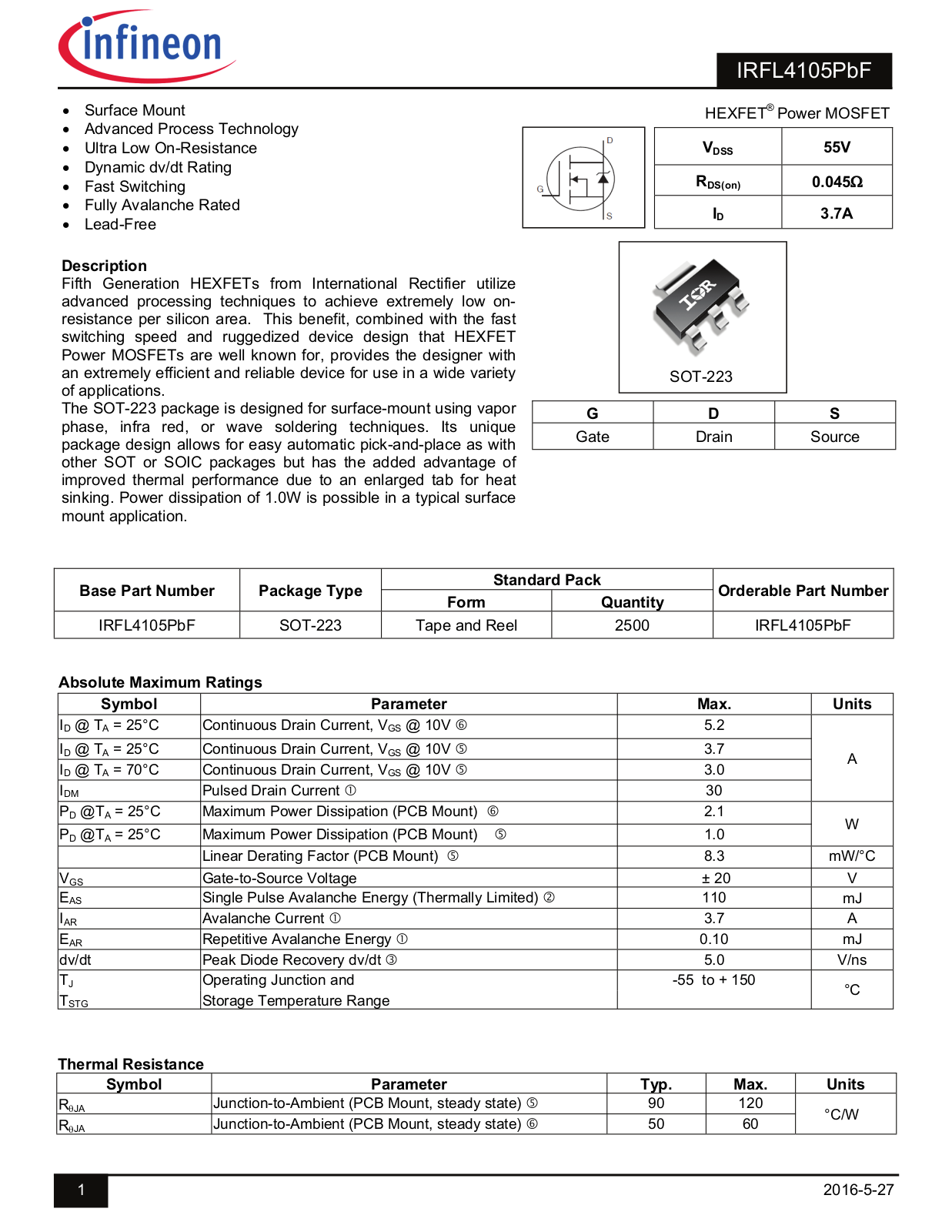 Datasheet IRFL4105PBF Datasheet - ManualMachine.com