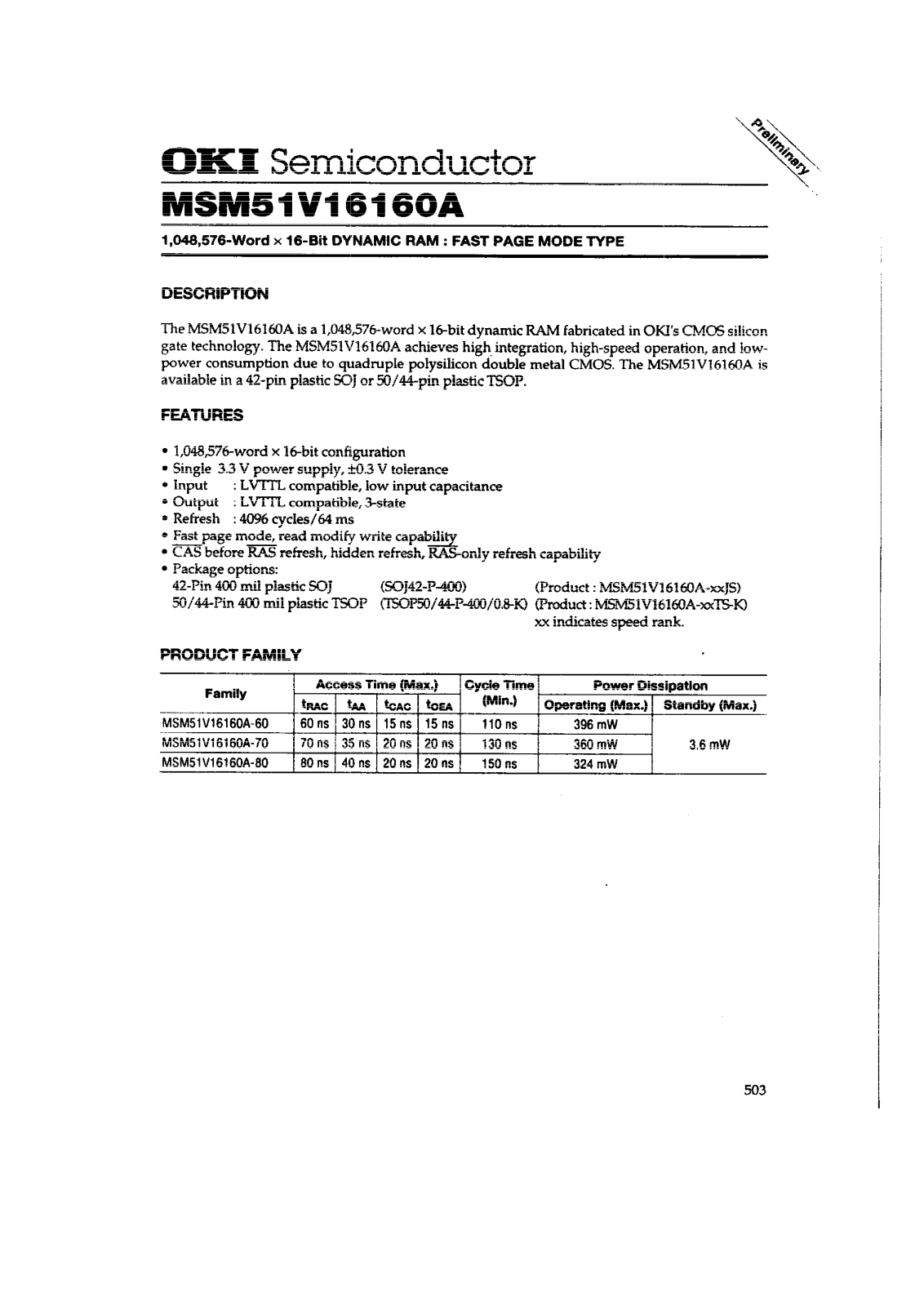 OKI MSM51V16160A-60TS-K, MSM51V16160A-70JS, MSM51V16160A-70TS-K, MSM51V16160A-80JS, MSM51V16160A-80TS-K Datasheet