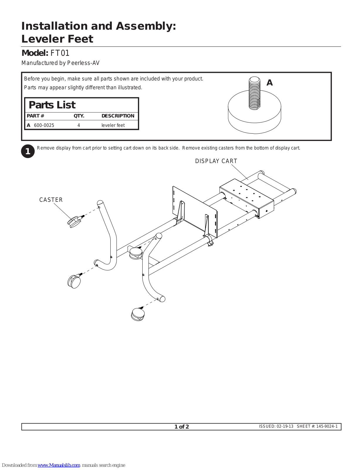 peerless-AV Mobile Videowall Trolley PDVWM 2x2 46 55 L, Mobile Videowall Trolley PDVWM 3x3 46 55 L, FT01 Accessory Installation Manual