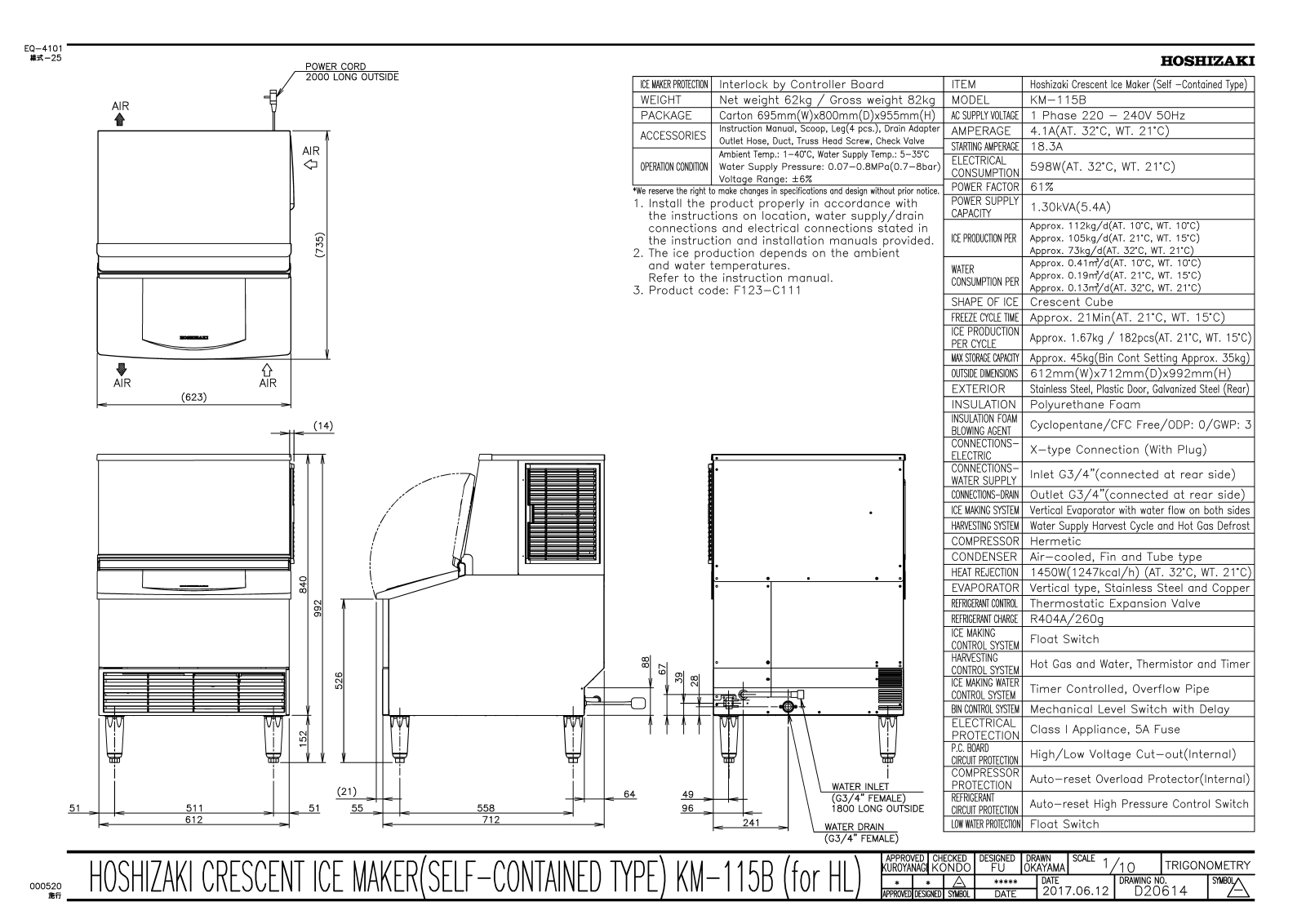 Hoshizaki KM-115B Specifications Sheet