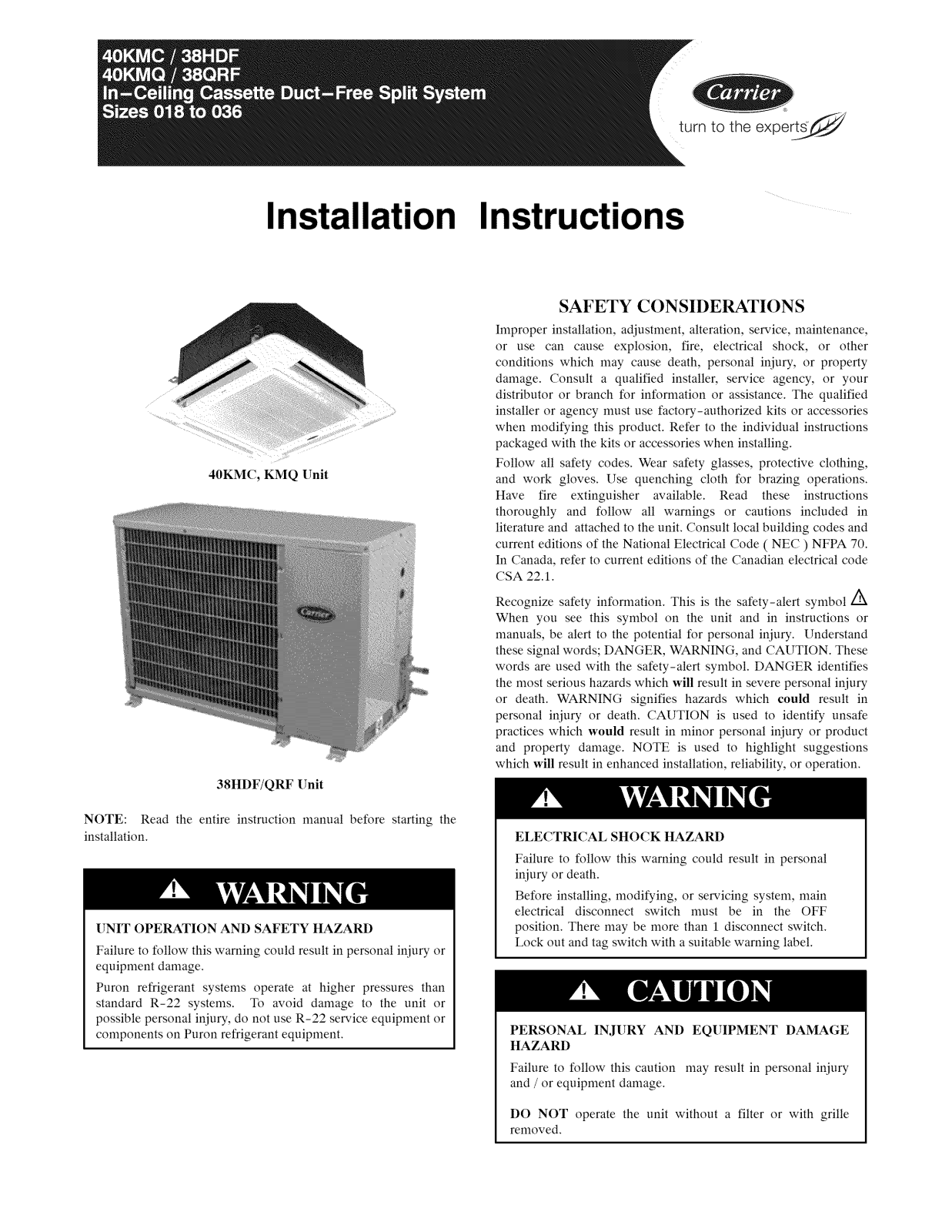 Carrier 40KMQ03036301, 40KMQ01824301, 40KMC03036301, 40KMC024301, 40KMC018300 Installation Guide - ManualMachine.com