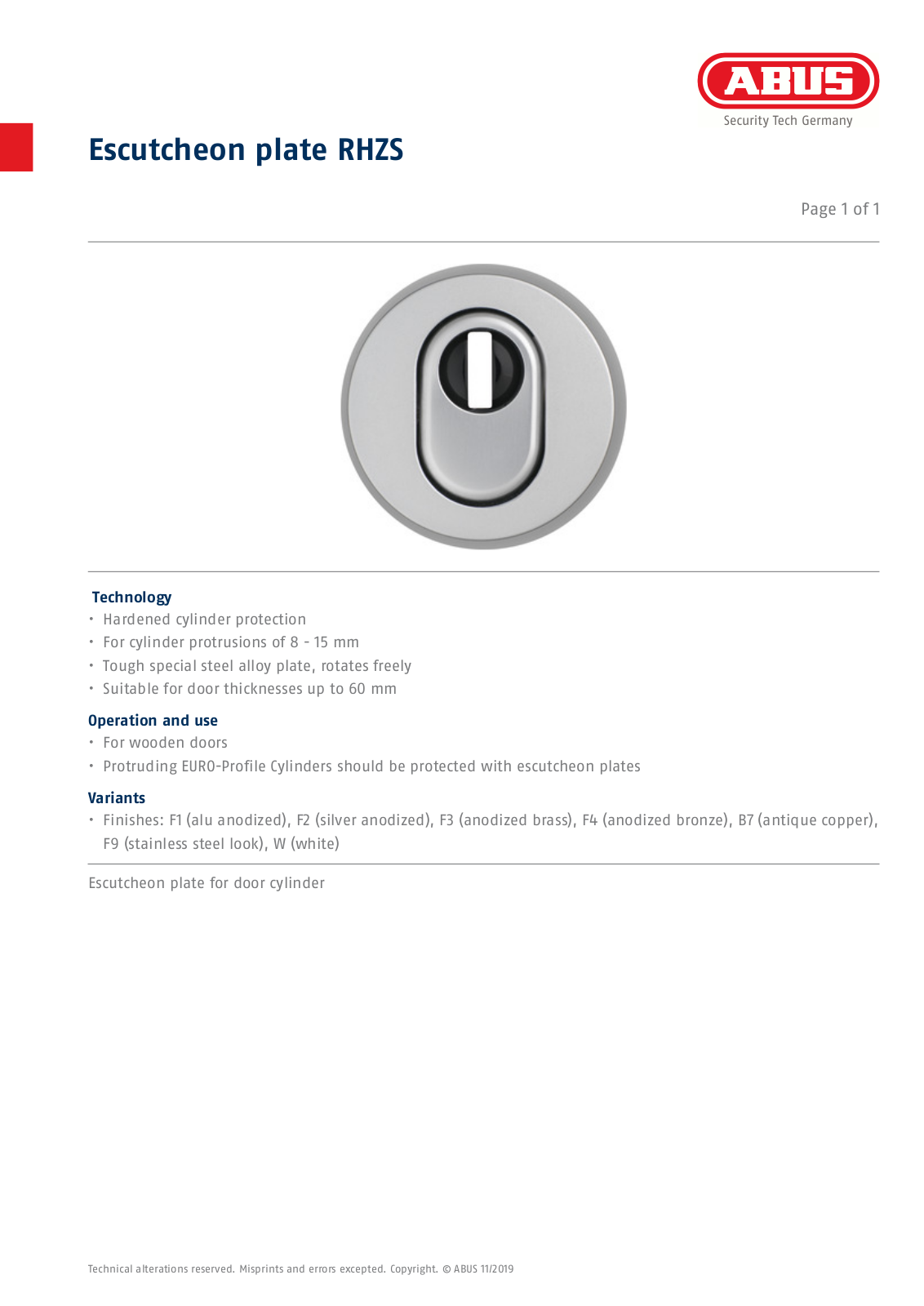 ABUS Escutcheon plate RHZS Service Manual