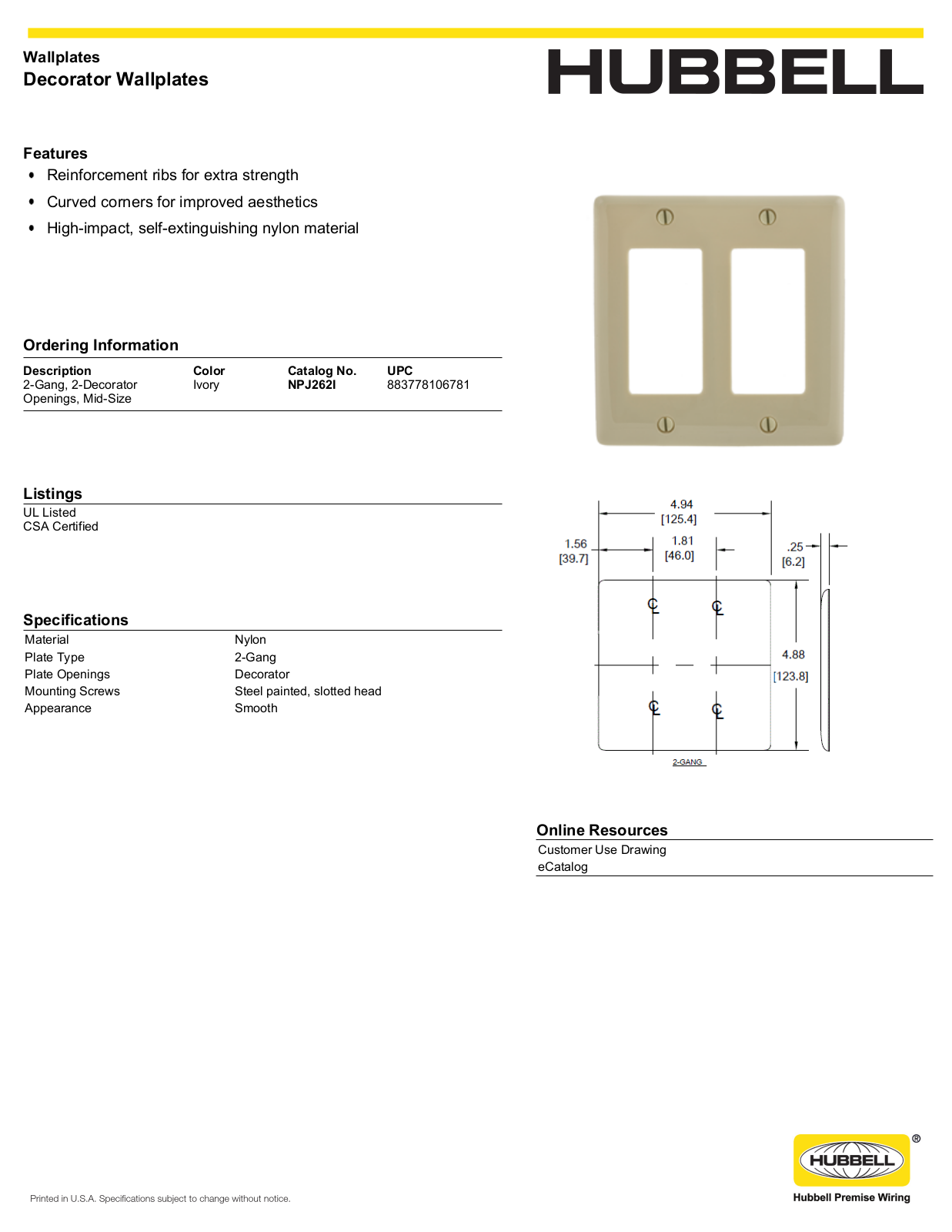 Hubbell NPJ262I Specifications