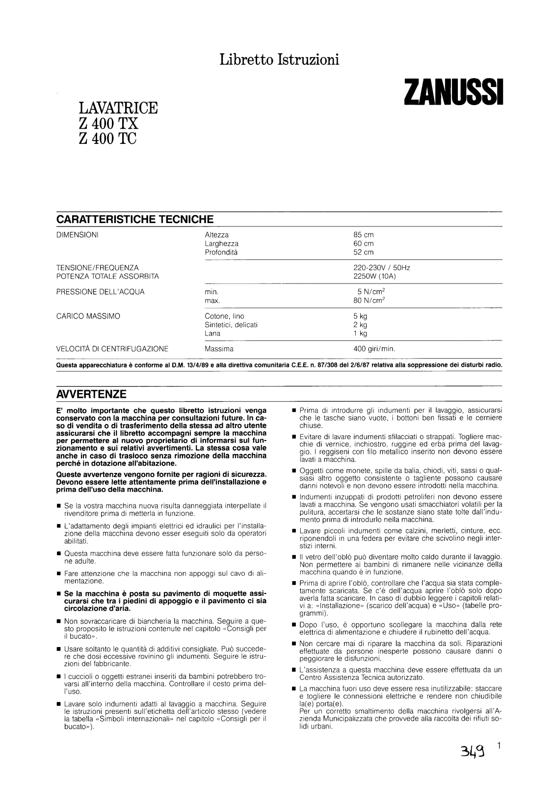 Zanussi Z400TC, Z400TX User Manual