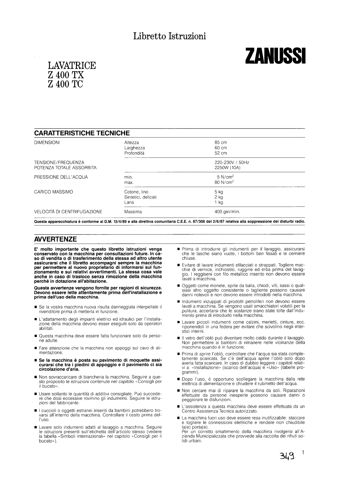 Zanussi Z400TC, Z400TX Manual