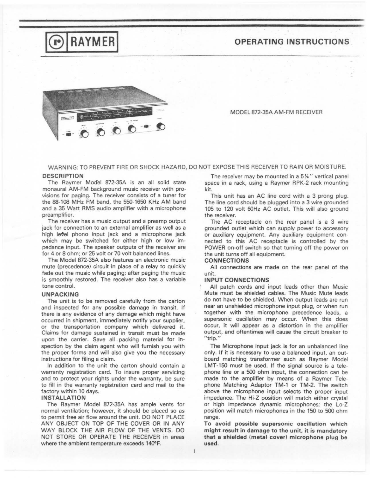 Raymer 872-35A User Manual