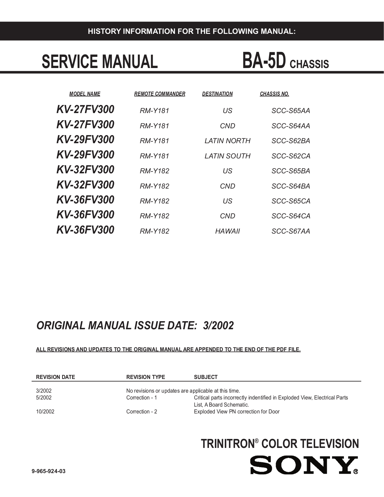 SONY 36FV300, KV-29FS120, 32FV300, 29FV300 Service Manual