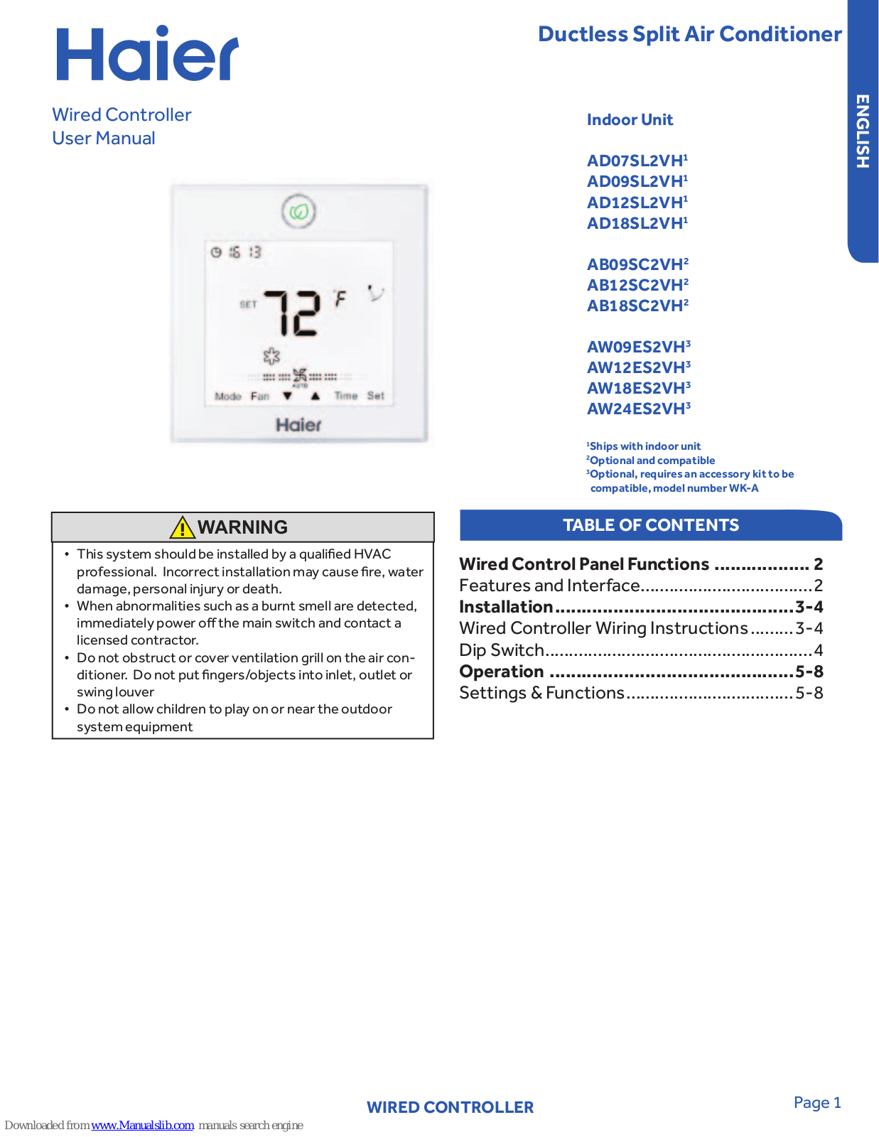 Haier AD07SL2VH1, AD09SL2VH1, AD12SL2VH1, AD18SL2VH1, AB09SC2VH2 User Manual