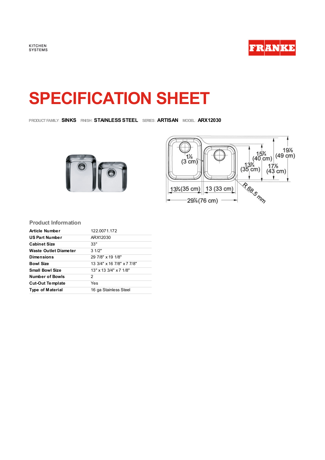 Franke Foodservice ARX12030 User Manual