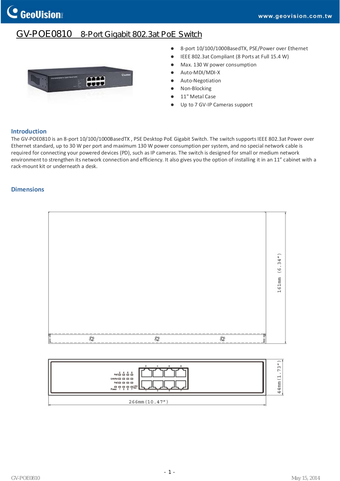 Geovision GV-POE0810 Specsheet