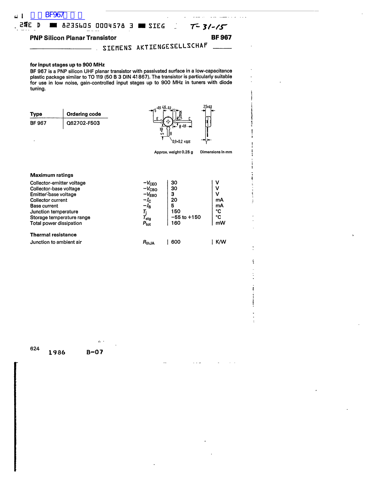 Siemens BF 967 Technical data