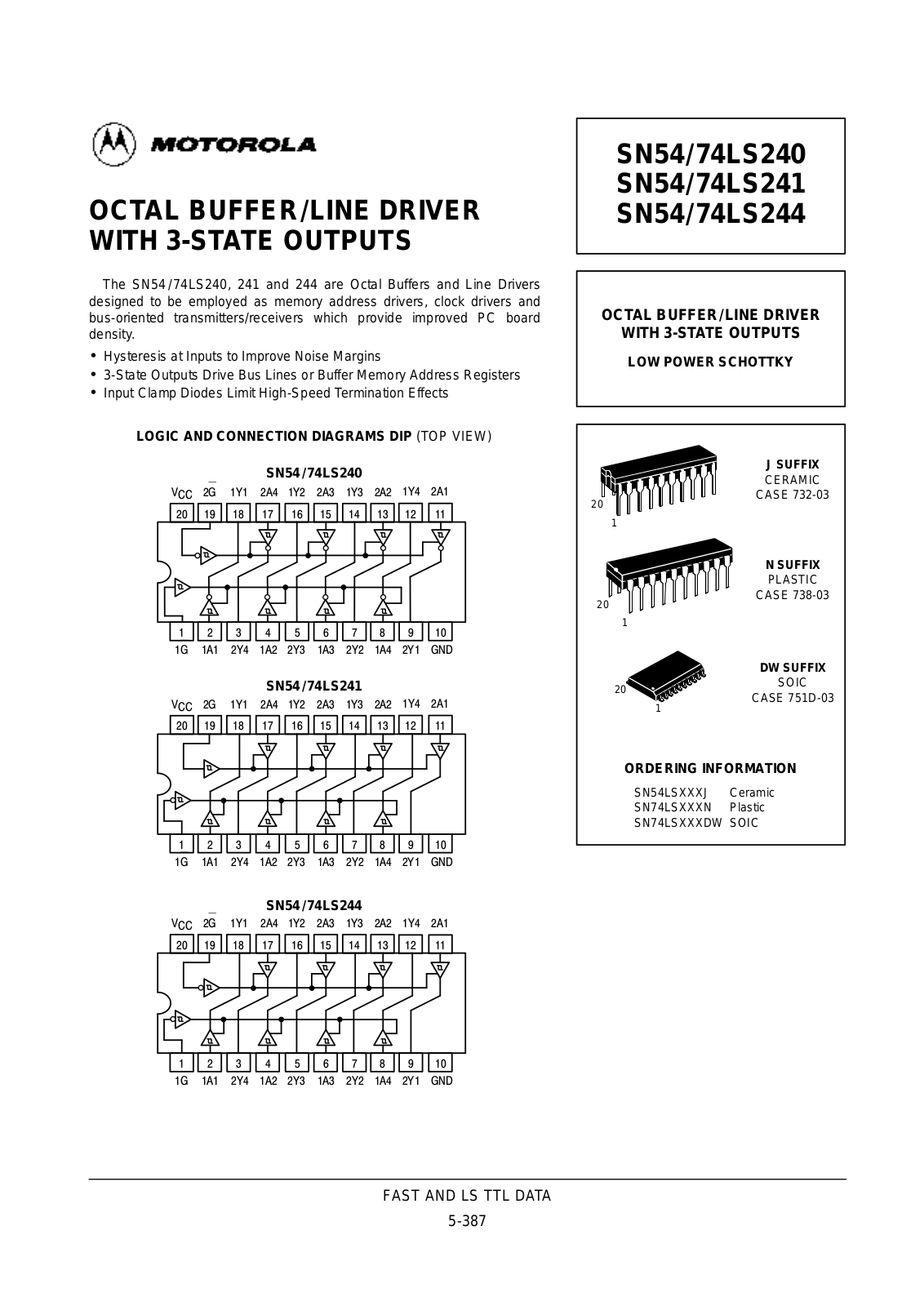 Motorola SN54LS241J, SN54LS244J, SN54LS240J, SN74LS240D, SN74LS240N Datasheet