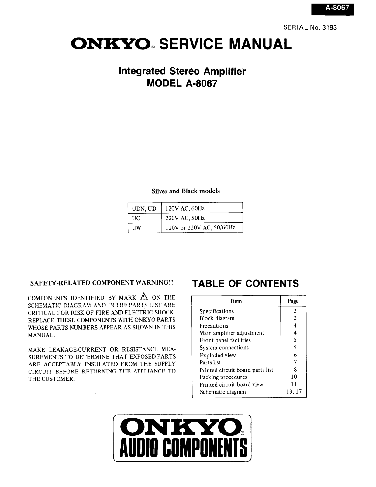 Onkyo A-8067 Service Manual