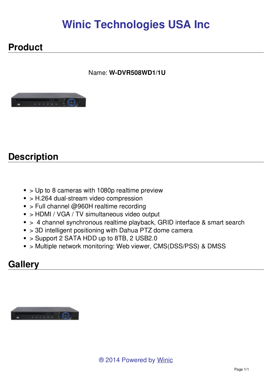 Cantek CW-W-DVR508WD1-1U Specsheet