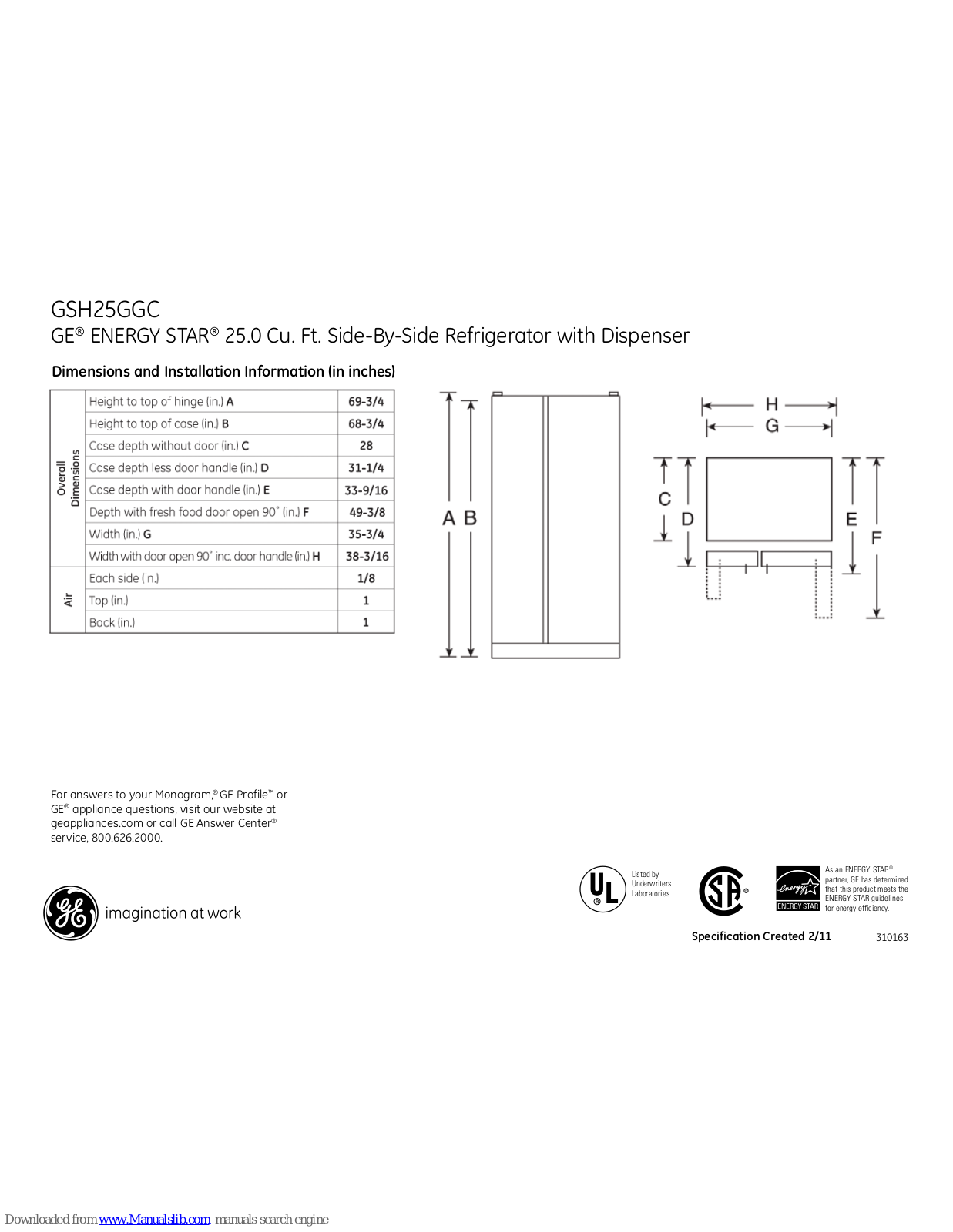 GE GSH25GGCWW, GSH25GGC Dimensions And Installation Information