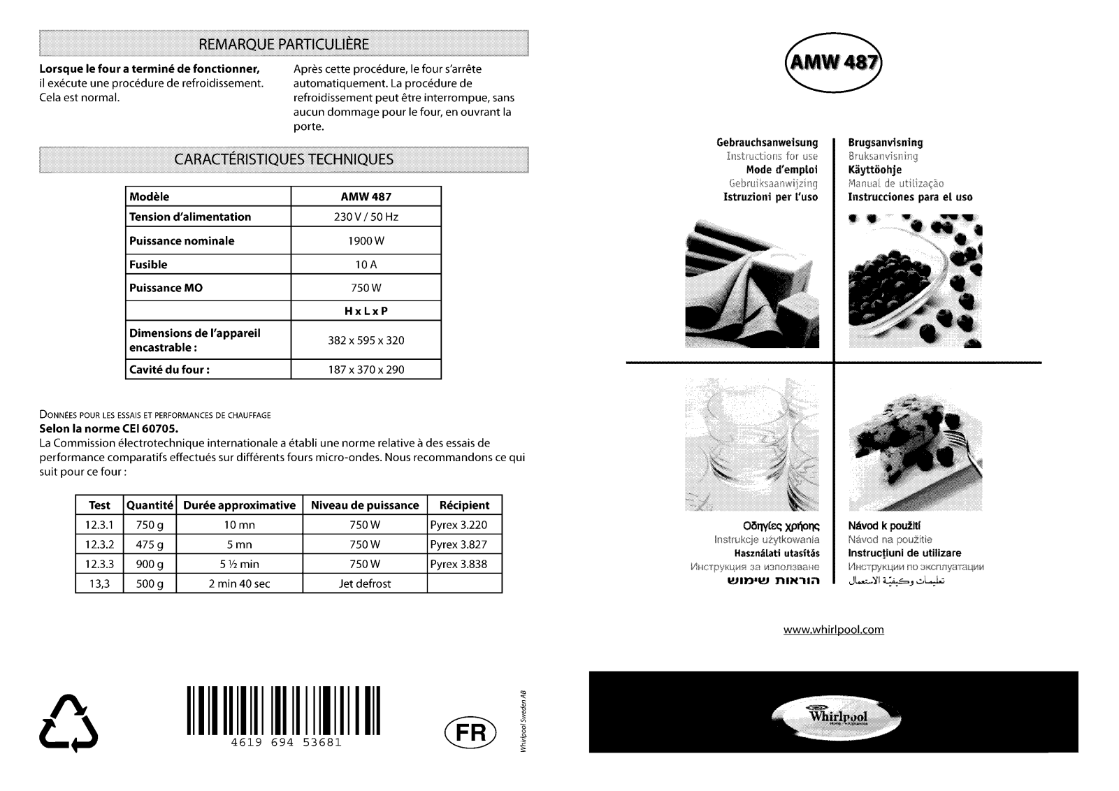 WHIRLPOOL AMW487 User Manual