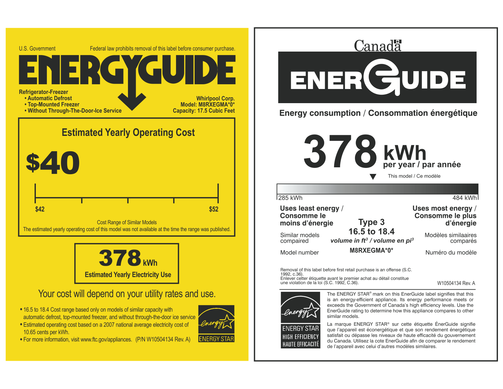 Whirlpool M8RXEGMAW, M8RXEGMAB Energy Guide