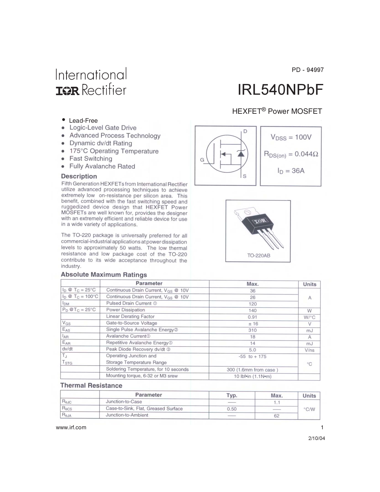 Datasheet IRL 540NPBF Datasheet - ManualMachine.com