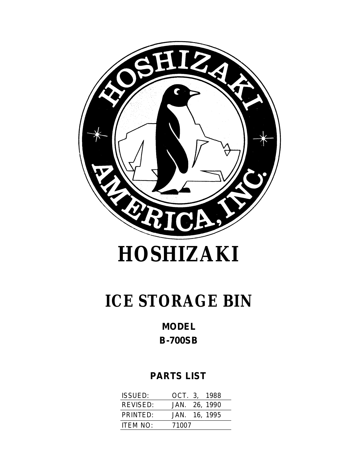 Hoshizaki America B-700SB-K-0 Parts List