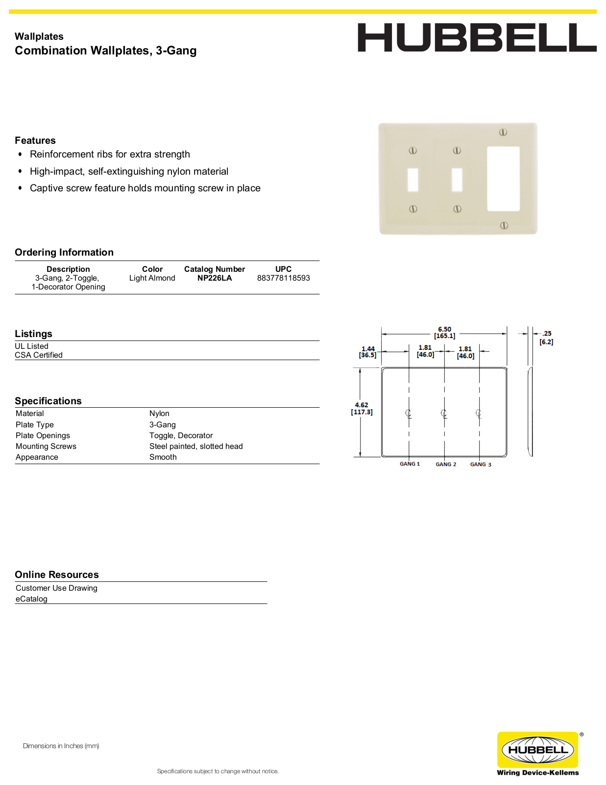 Hubbell NP226LA Specifications