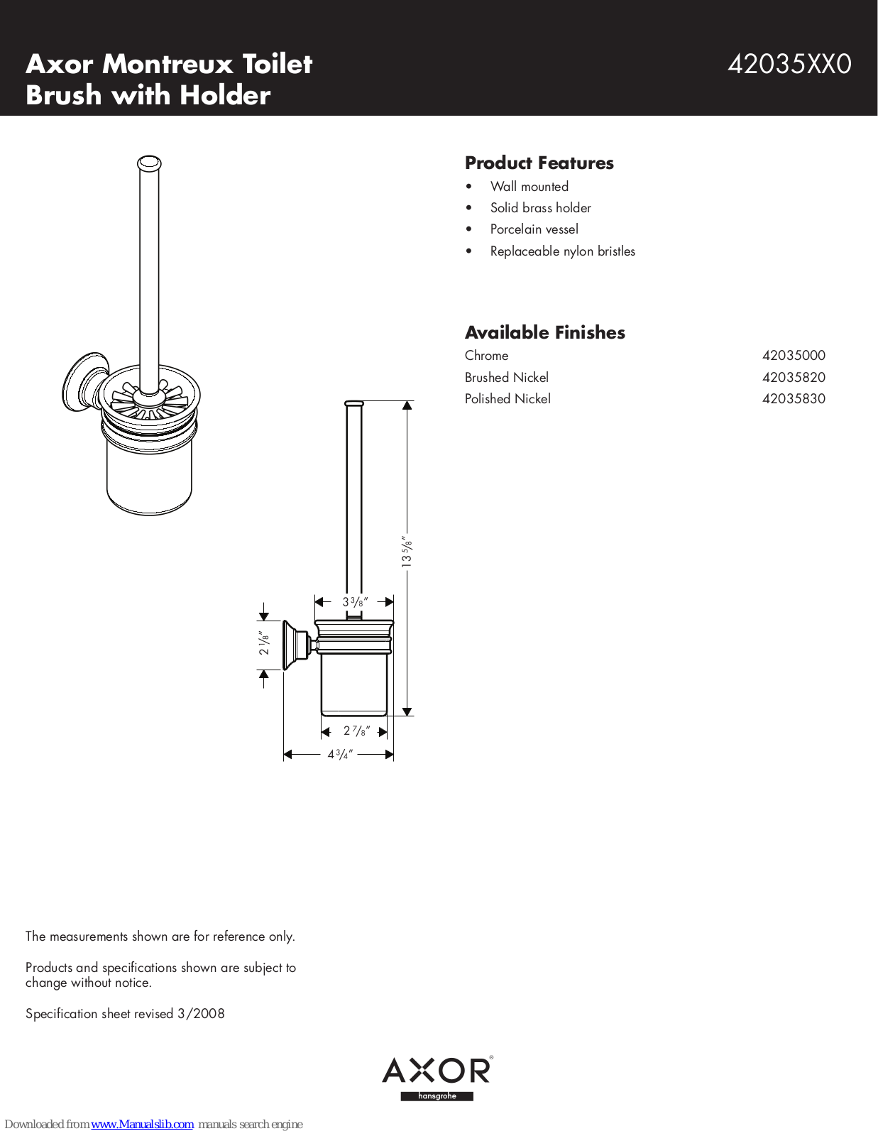 Axor 42035000, 42035820, 42035830 Specification Sheet