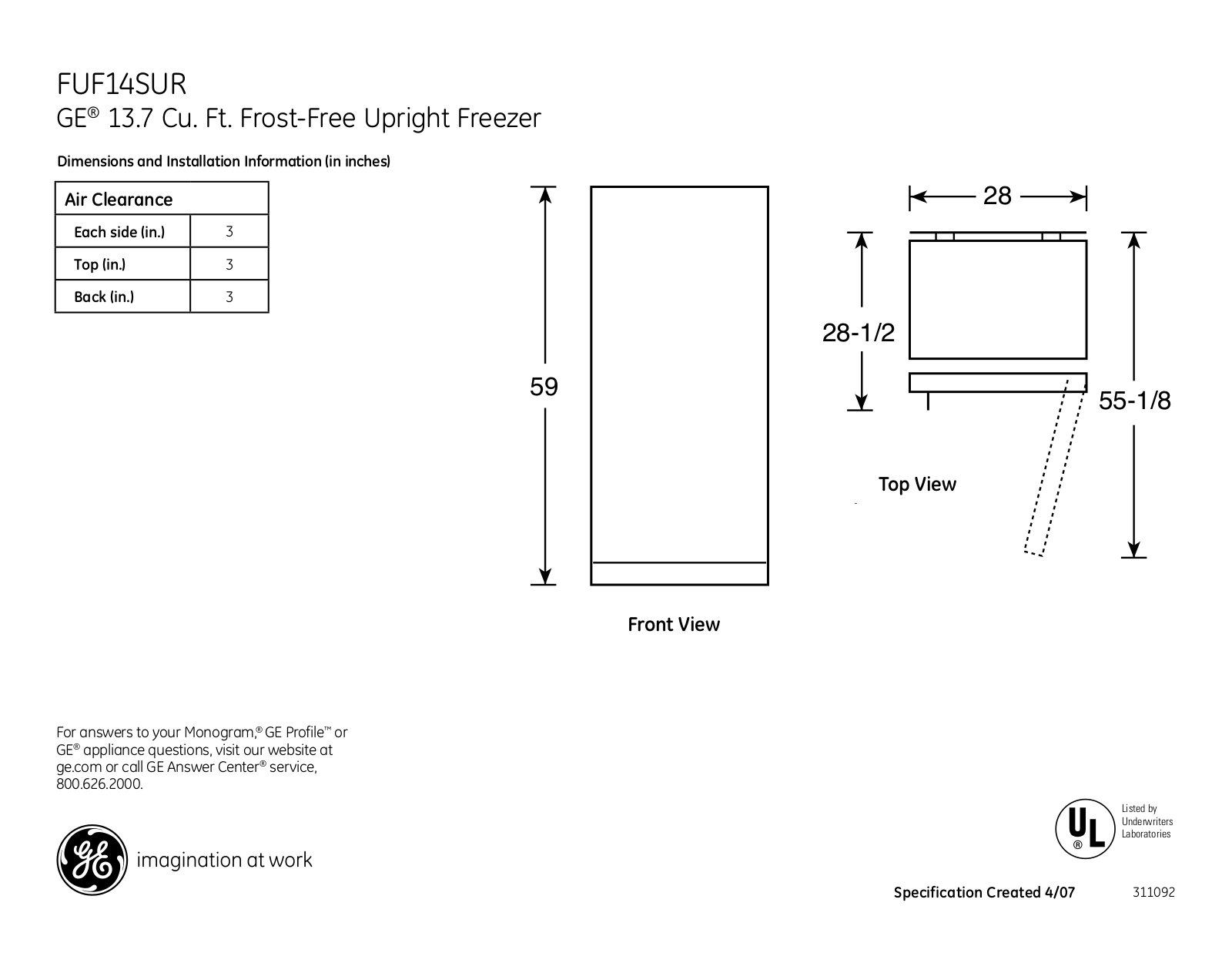 GE FUF14SUR Specification - ManualMachine.com