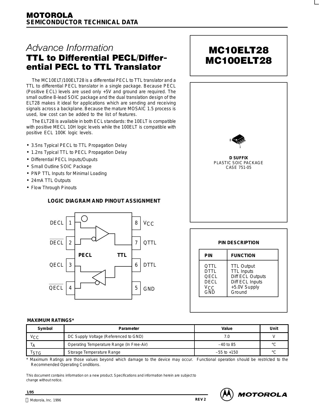 Motorola MC10ELT28D, MC10ELT28DR2, MC100ELT28D, MC100ELT28DR2 Datasheet