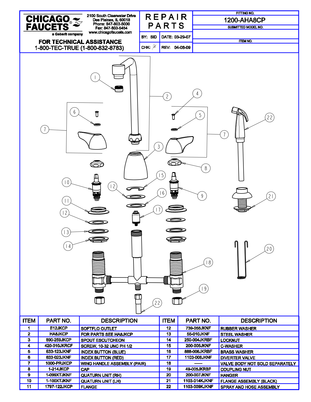 Chicago Faucet 1200-AHA8 Parts List