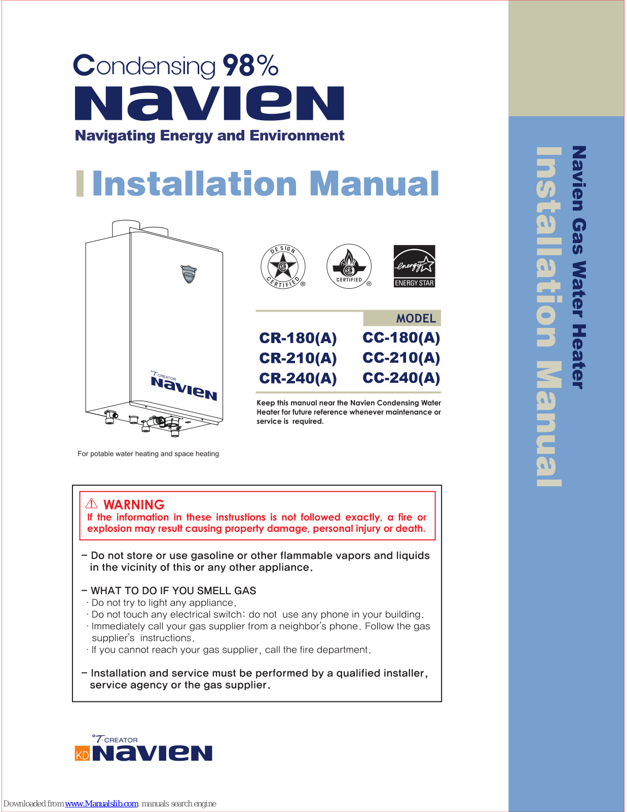 Navien CR-240A, CC-180, CC-180A, CC-210, CC-210A Installation Manual