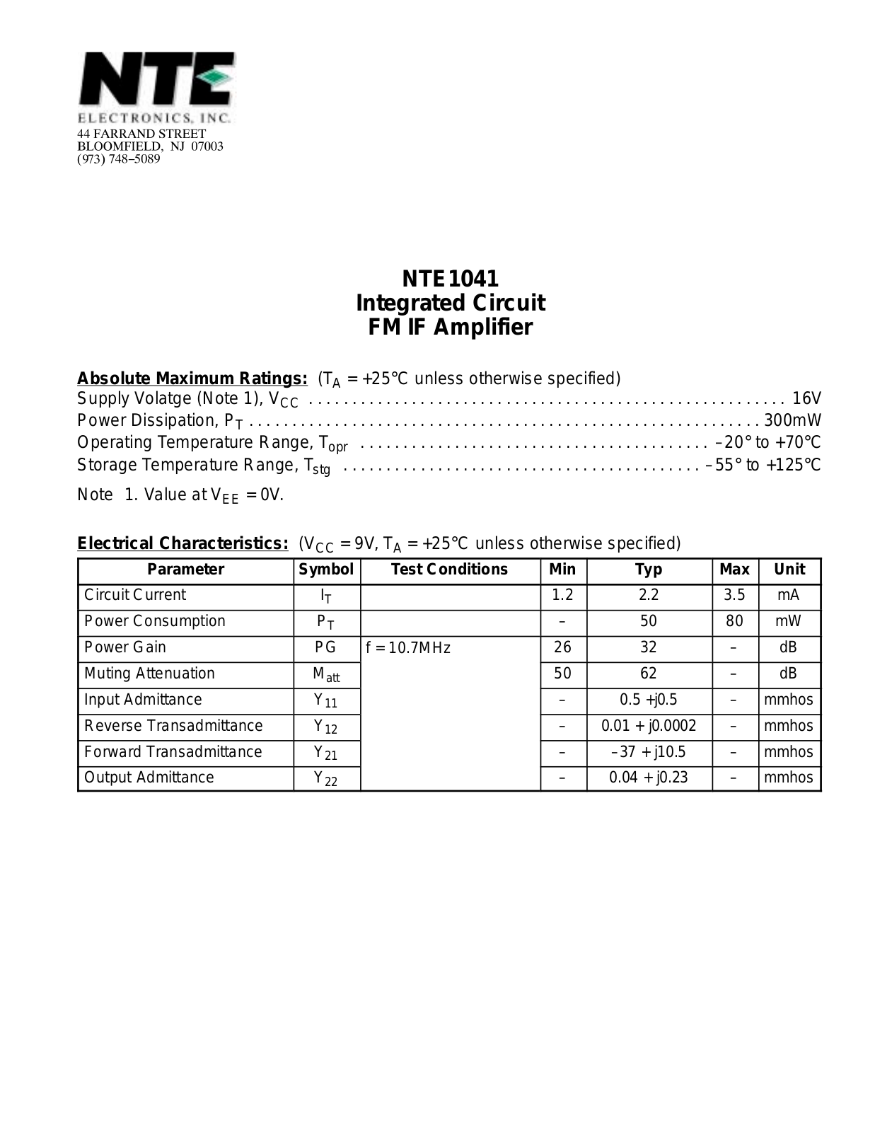 Datasheet NTE1041 Datasheet (NTE) - ManualMachine.com