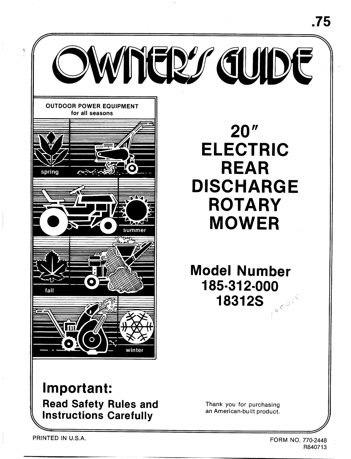 Mtd 185-312-000, 18312s owners Manual