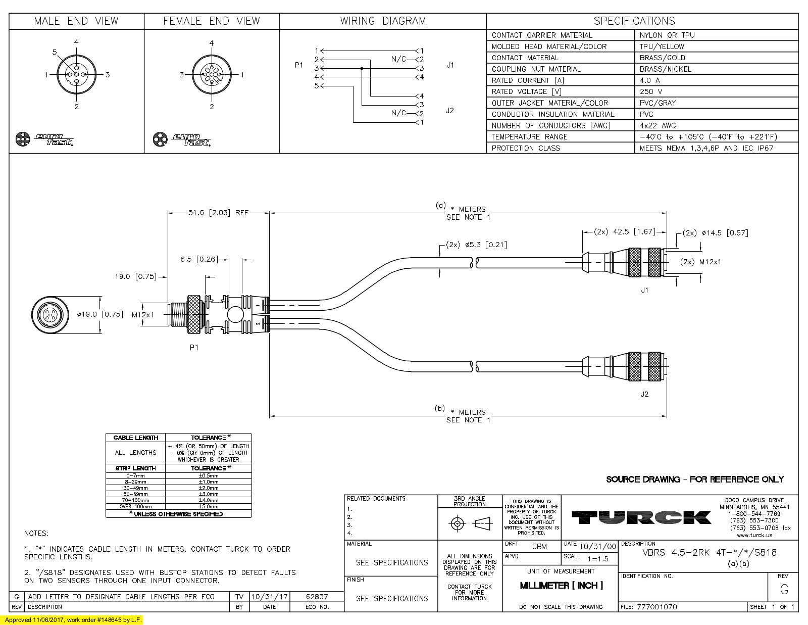 Turck VBRS4.5-2RK4T-0.3/0.3S818 Specification Sheet