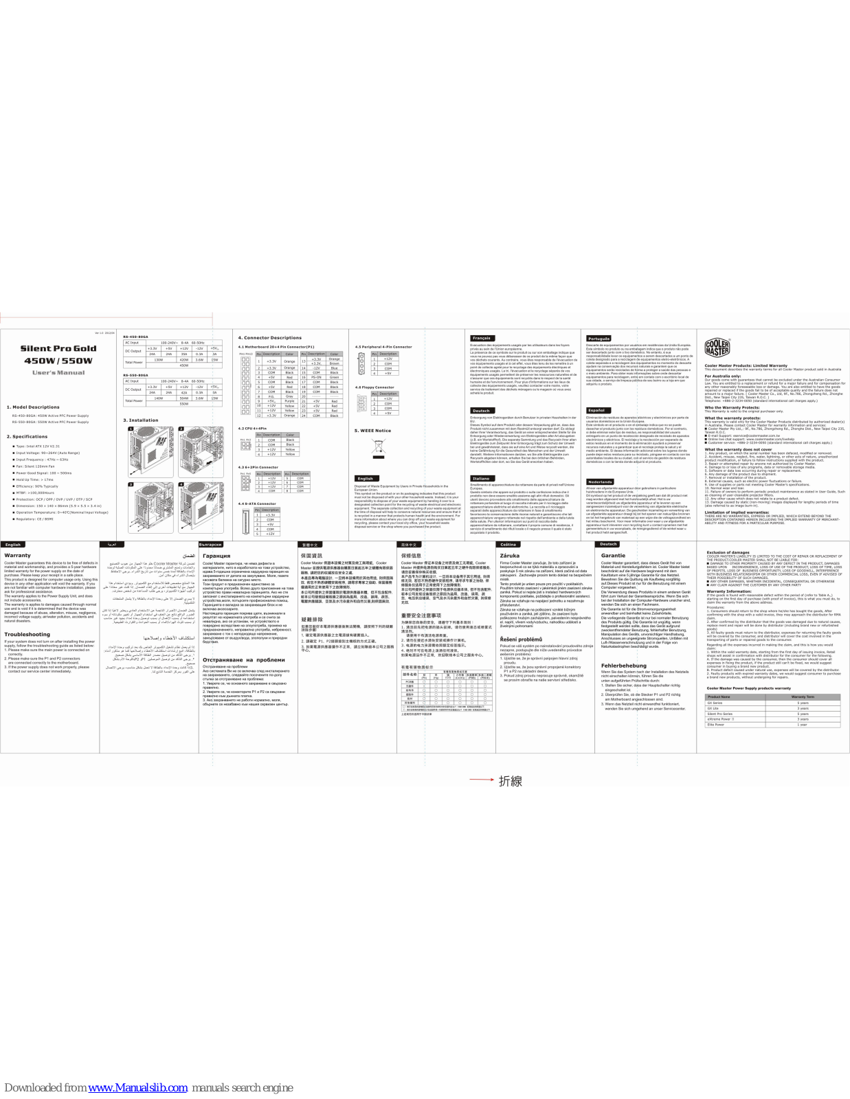 Cooler Master Silent Pro Gold 450W, Silent Pro Gold 550W, Silent Pro Gold RS-45080GA 450W, Silent Pro Gold RS-550-80GA 550W User Manual