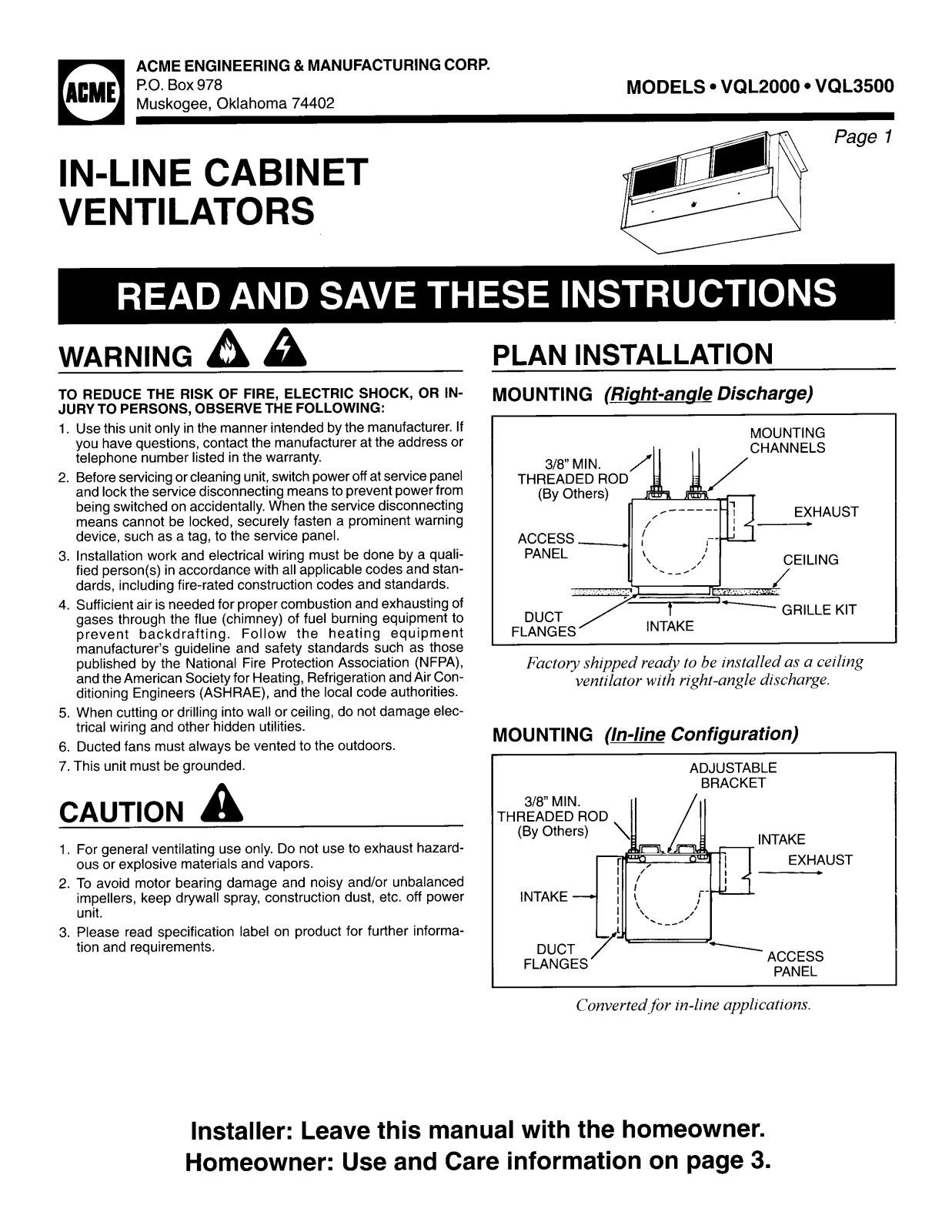 Acme Engineering VQL2000 Installation  Manual