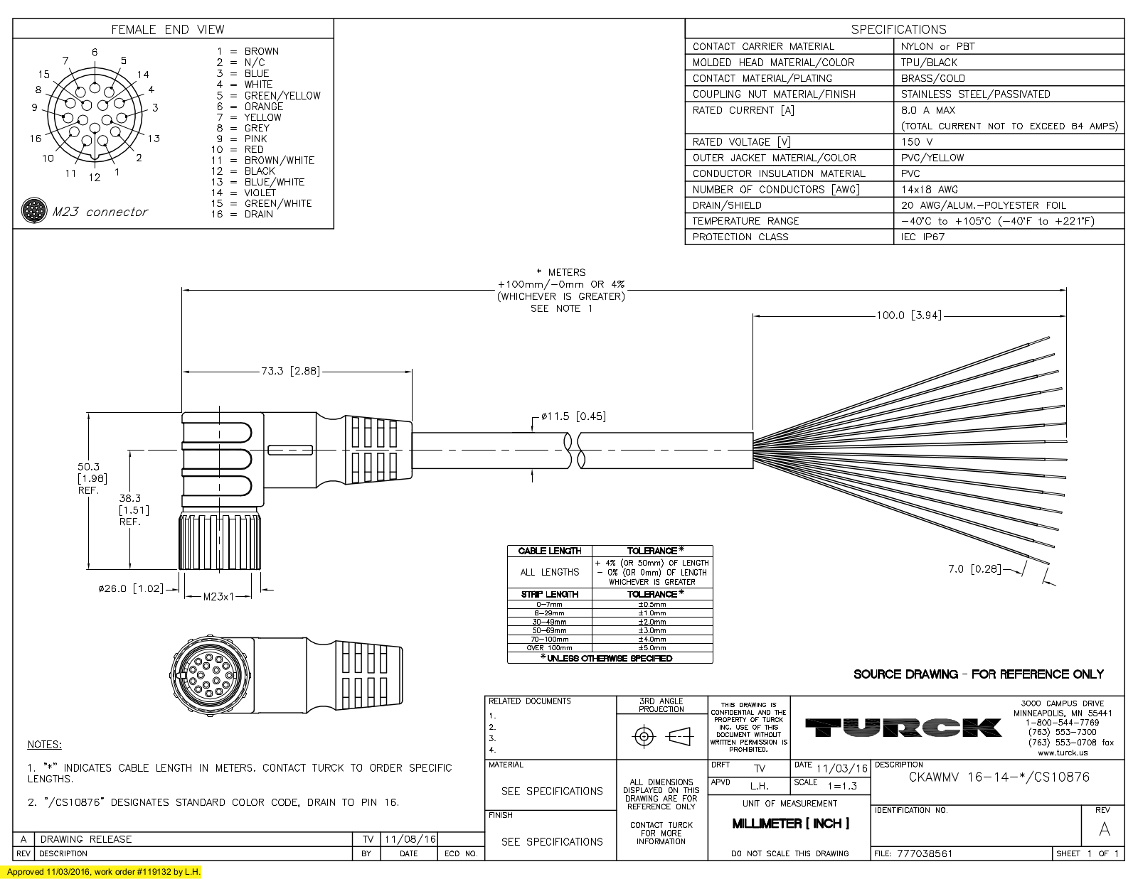 Turck CKAWMV16-14-7/CS10876 Specification Sheet