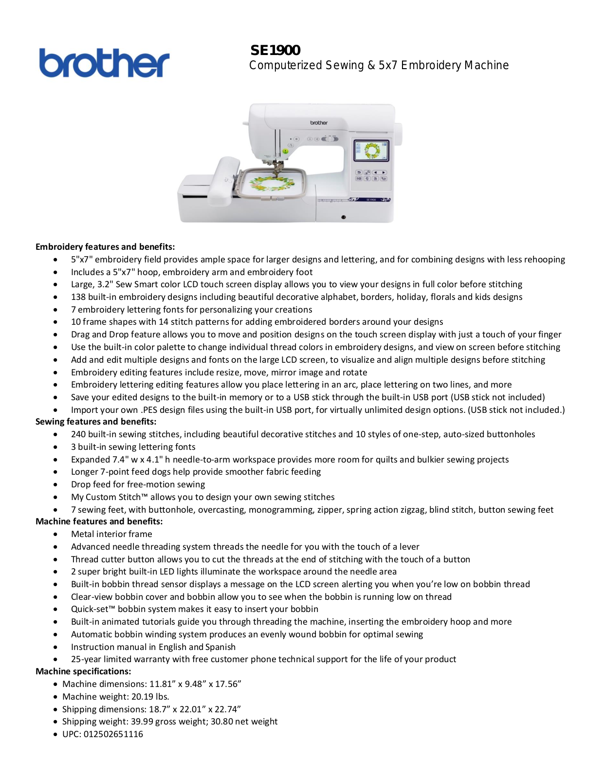 Brother Sewing BROT1097 Specifications