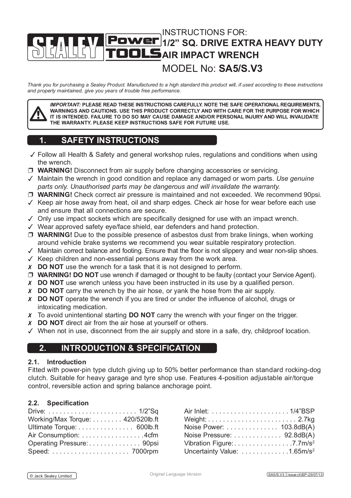 Sealey SA5/S.V3,GSA27 Instructions Manual