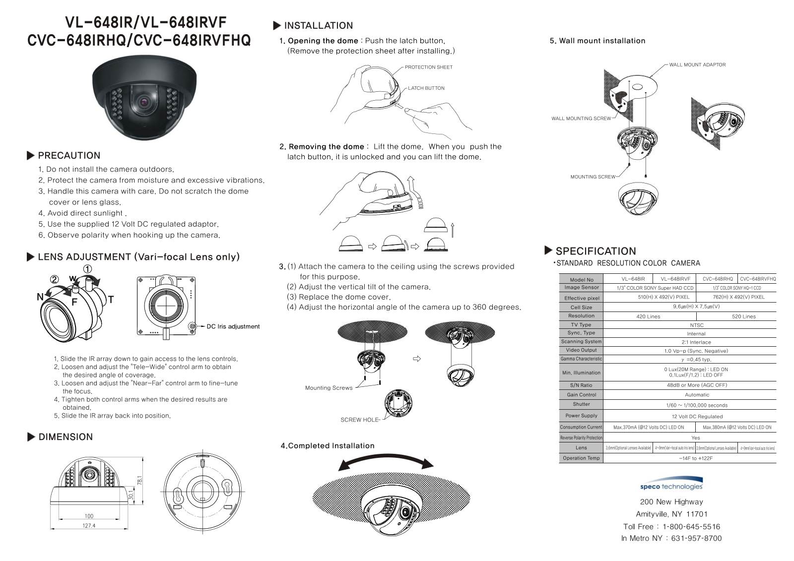 Speco Technologies CVC-648IRHQ, CVC-648IRVFHQ User Manual