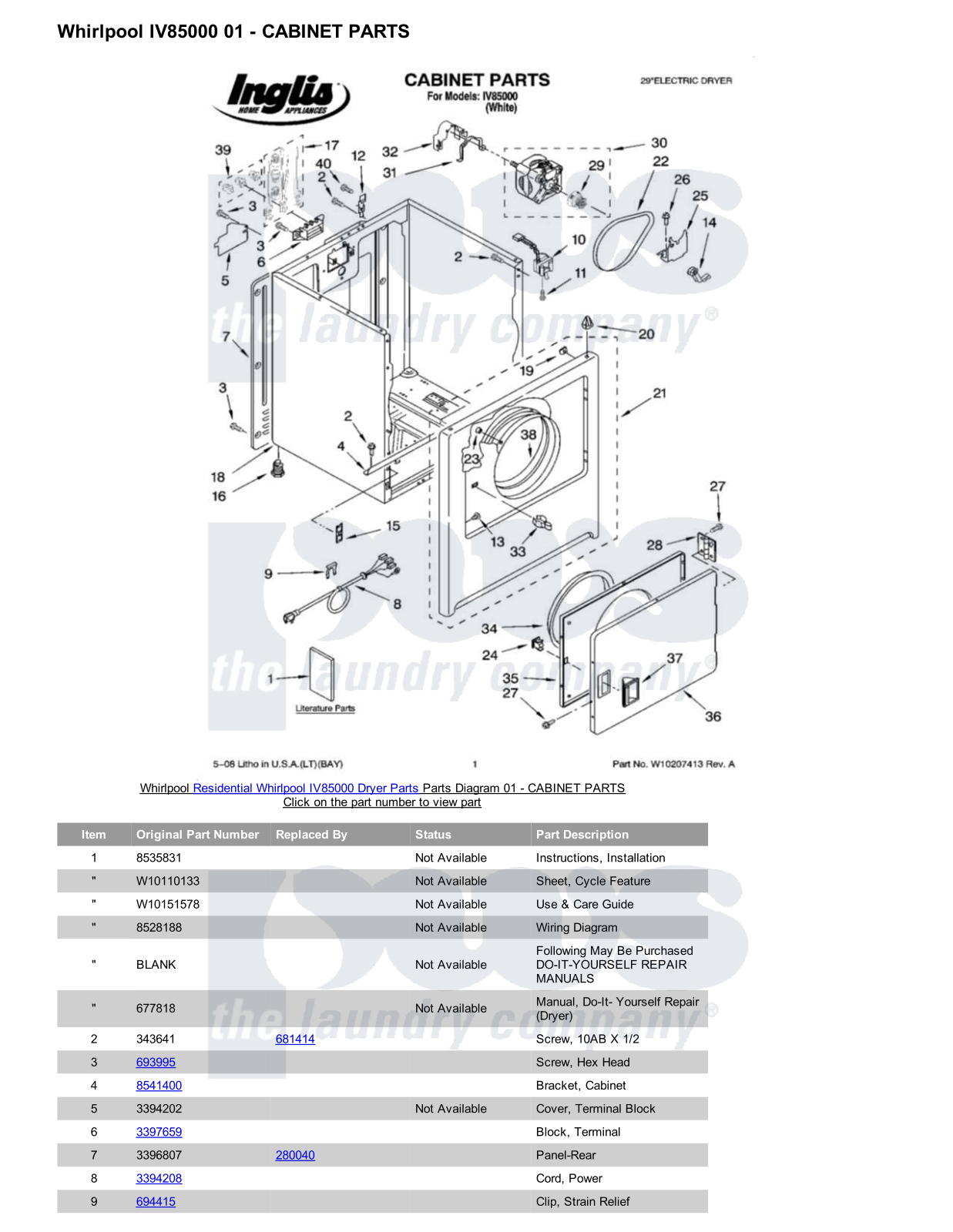 Whirlpool IV85000 Parts Diagram