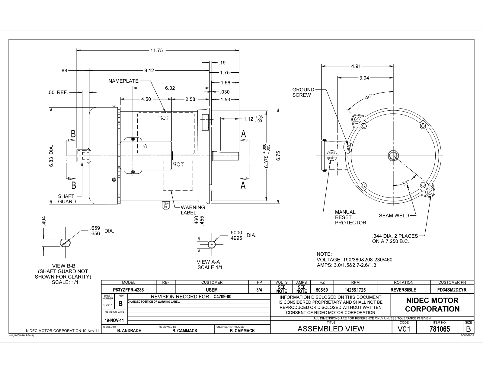 US Motors FD34SM2DZYR Dimensional Sheet