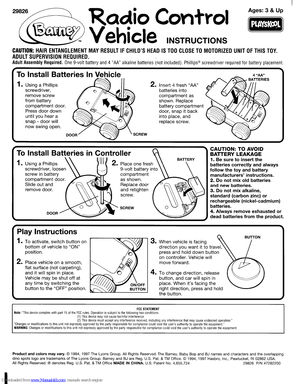 Playskool Barney Radio Control Vehicle, 29826 Instructions Manual