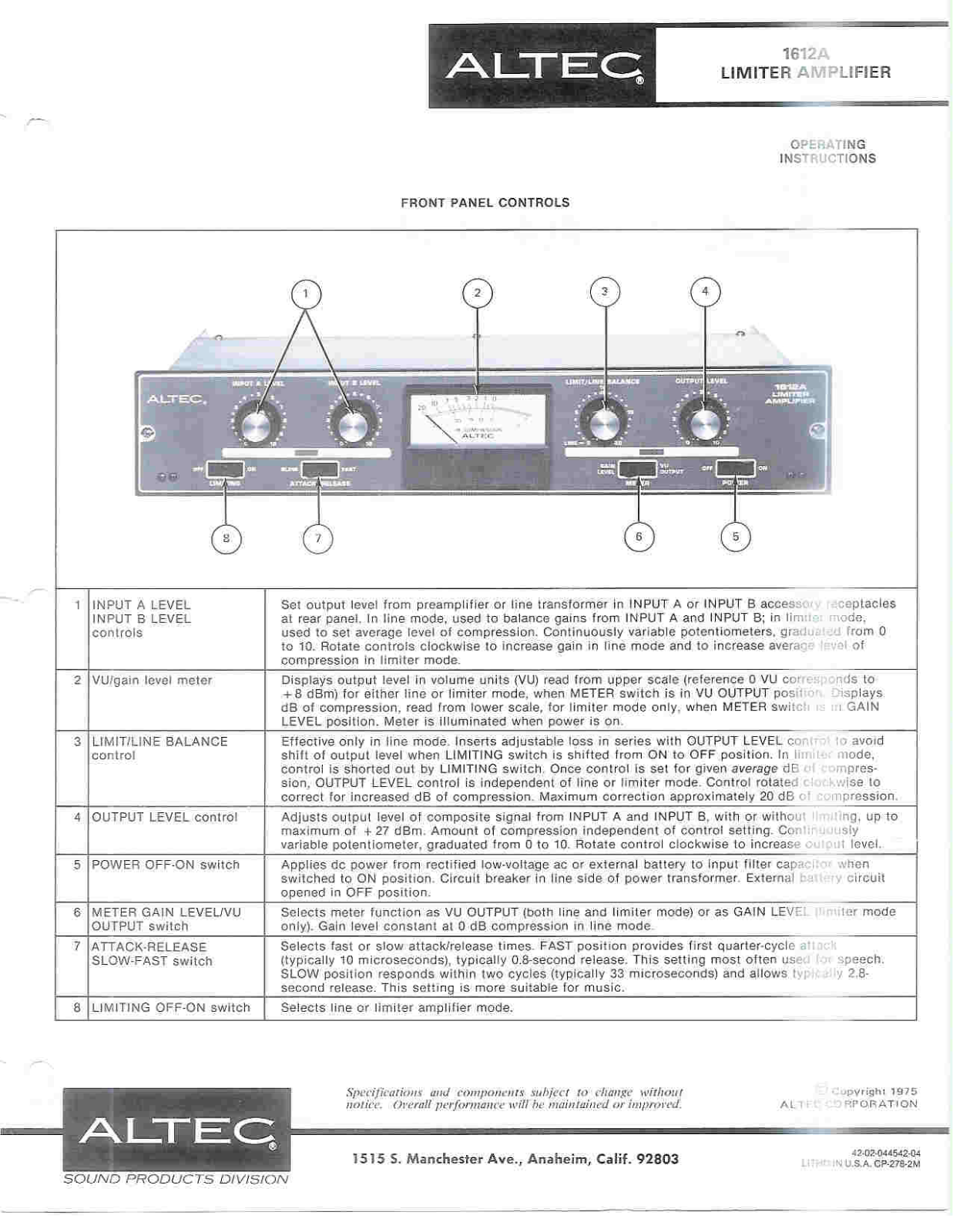 Altec Lansing 1612A User Manual